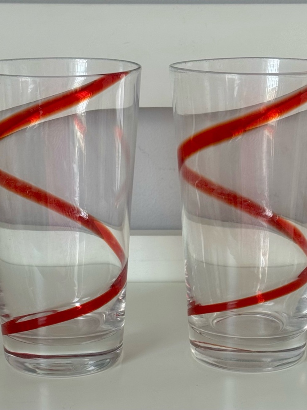 SET of 2 PIER 1 Swirline Clear Glass Tumbler Red Spiral Hand Blown Art Glass